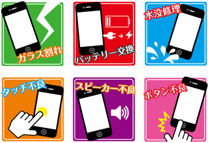 ガラス割れ/バッテリー修理/水没修理/タッチ不良・スピーカー不良/ボタン不良